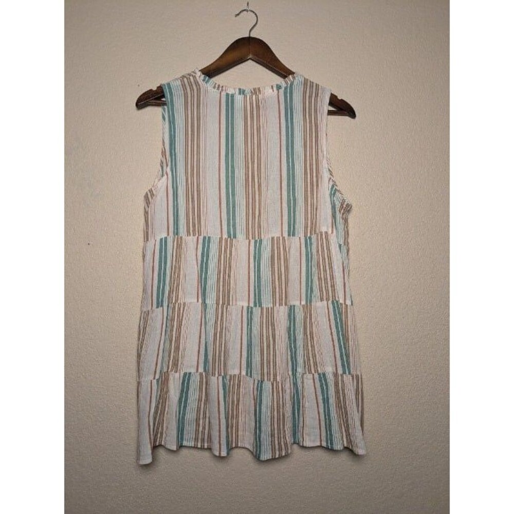 Striped Sleeveless Boho Blouse Tassel Tie Neck Prairie Coastal Petite Medium - Picture 2 of 7